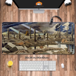 Op de afbeelding: Rechthoekige bureaumat met een landschapsschilderij met een donkere, dramatische lucht en een oorlogsscène. De mat meet 90 x 40 cm. De tekst "36x16 in.(90x40cm)" is op de mat gedrukt.