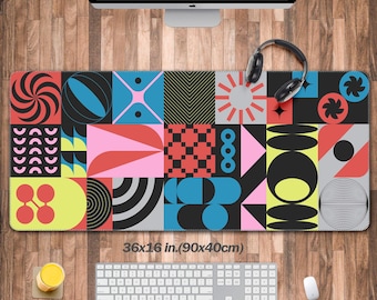Bauhaus pattern Desk Mat Large, Futuristic Mouse Pad Long, Contemporary Office Decor, Brutalist Desk Pad Extended, Computer Keyboard Mat