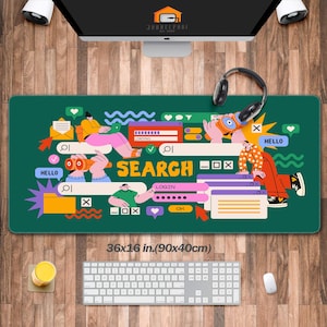 May include: Green mousepad with a colorful illustration of people searching online. The illustration includes a search bar, a login box, and the word "SEARCH" in large letters. The mousepad measures 36 inches by 16 inches (90 cm by 40 cm).