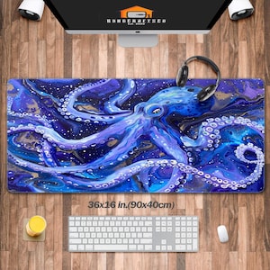 Octopus Tiefsee RGB Gaming Mauspad, Abstrakt Ocean RGB Gaming Schreibtischunterlage Groß, CyberPunk LED Light Gaming Schreibtischmatte, Synthwave Gamer Mat