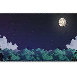 May include: A rectangular mousepad featuring a pixelated night scene. The design includes a full moon, mountains, clouds, and a starry sky. The color palette consists of blues, greens, and white.