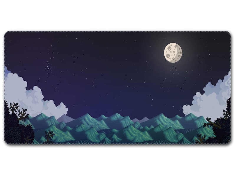 May include: A rectangular mousepad featuring a pixelated night scene. The design includes a full moon, mountains, clouds, and a starry sky. The color palette consists of blues, greens, and white.