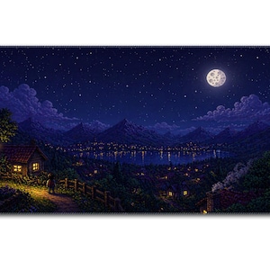 May include: A pixelated night scene mousepad featuring a full moon, starry sky, and a village nestled between mountains and a lake. A person walks along a path towards a lit cottage. The color palette includes blues, purples, and yellows.