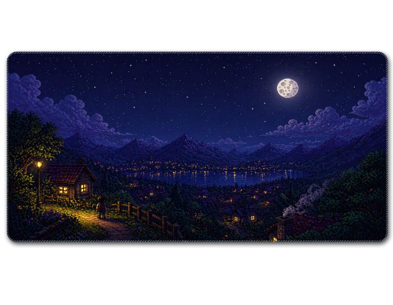 May include: A pixelated night scene mousepad featuring a full moon, starry sky, and a village nestled between mountains and a lake. A person walks along a path towards a lit cottage. The color palette includes blues, purples, and yellows.