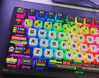 May include: A black G4K mechanical keyboard with colorful, backlit keys. The keys are a mix of colors, including pink, blue, green, and yellow. The keyboard has the word "ELECTRICITY" printed on it.