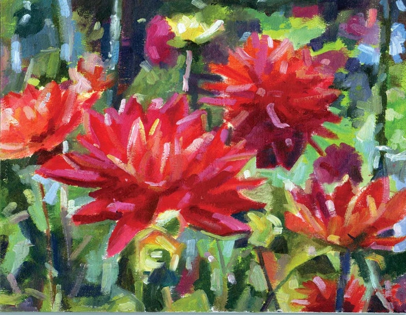 Dahlia Reds Maine Landscape Original 8 x 10 Oil Painting image 1