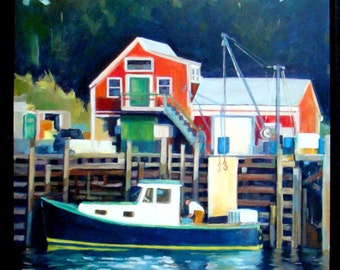 Unloading the Catch - Harpswell, Maine - Original Oil Painting - 16 x 16 FRAMED