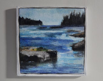 MAGNET PAINTING -Silvery Passage-View to Calf Island 4x4- Acrylic Painting on Saunders WC Paper, Mounted, Laminated, and Burnished  on  Tile