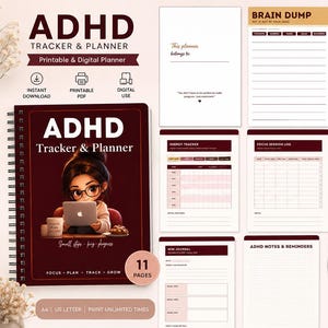 May include: A digital and printable ADHD tracker and planner set featuring a spiral-bound cover with a cartoon character using a laptop. The collection includes eleven pages with sections for brain dumps, daily planning, mood, habits, focus, and notes.