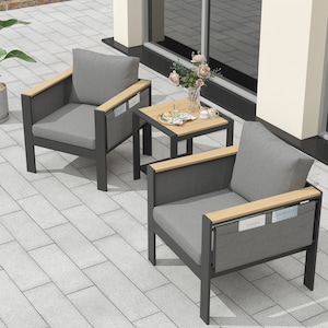 DIY Eureka Corinth 3 Piece Aluminum Modern Patio Outdoor Conversation Set, 2 Single Sofas and 1 Coffee Table, All Weather, Grey/White