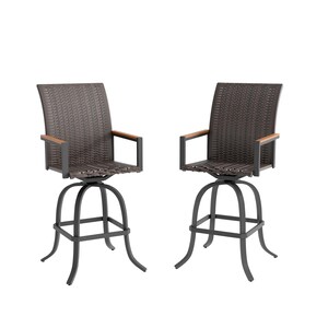 May include: Two brown wicker swivel bar stools with black metal frames and wooden armrests.