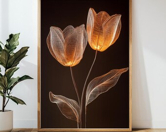 Flowers Digital Wall Art, Flower Wall Art, Flower Prints, Contemporary floral art,  Golden tulip wall, Modern Home Decor, Floral Artwork