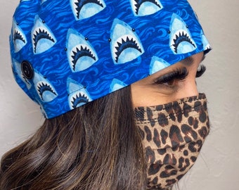 Shark Print Scrub Cap, Cotton with Buttons