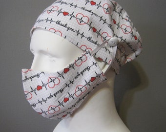 Thank You Nurse Scrub Cap and Mask Set, Heartbeat Print