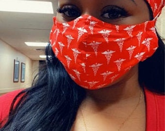 Scrub Cap /Red Nurses Emblem Scrub Cap and Mask Set