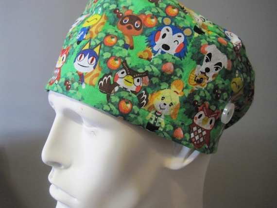 Animal Crossing Print Scrub Cap: Licensed Cotton, Button Detail