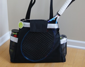 Tennis Bag with a little Bling. +Small accessory Bag-Black with black net pockets trimmed with silver vinyl.Made to order !