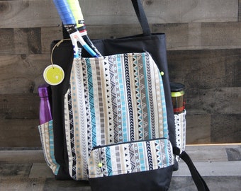 Large Tennis Tote and accessory bag. Black with aqua,beige and black print.MADE TO ORDER!