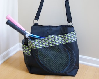 Bonjour Bag. Black bag with black net pockets trimmed with black/ lime tennis print.