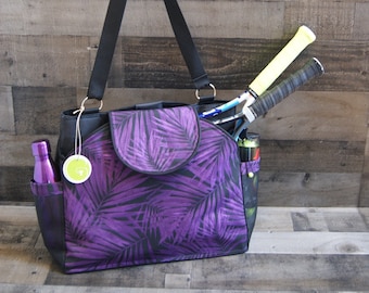 Big Sister Bag with rounded Pockets with piping. Black with black/purple foliage print. MADE TO ORDER!