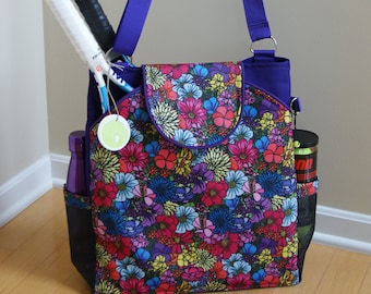 Large Tennis Bag With rounded pockets and piping. Purple with multi colored floral print.MADE TO ORDER!