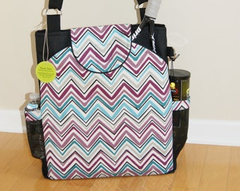 Large Tennis Bag with Large Rounded Pockets and piping.Black with multi colored chevron print - Made to Order !