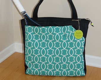 Medium size Tennis/ Racket bag. Top zipper closure. Black with aqua/white geometric print.Made to Order!