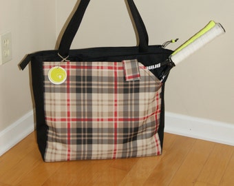 Medium Size Tennis Bag-Black with beige/red and black plaid pockets.MADE TO ORDER !