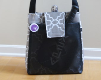 Pickle Ball Bag- Small Tennis Bag ! gray with white geometric design and black net pockets.MADE TO ORDER