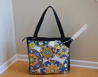 New Medium size Tennis Bag with large white/ multi colored circle print pockets. MAYBE TO ORDER!