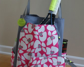 Large Tennis Bag and accessory.Gray with gray/pink and white floral print.-Made to Order !