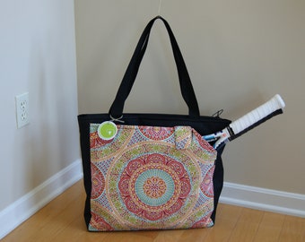 Medium Sized Tennis Bag ! With multi colored circle print pockets! zippered top!MADE TO ORDER!