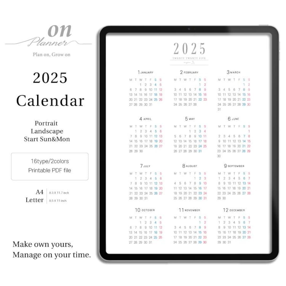 2025 Calendar Printable Portrait and Landscape/ Letter A4 Size /strat