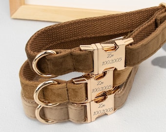 May include: Three brown dog collars with gold-colored metal buckles. Each buckle is engraved with the name "Zoe" and the number "1002005". The collars are made of a soft, velvety material.