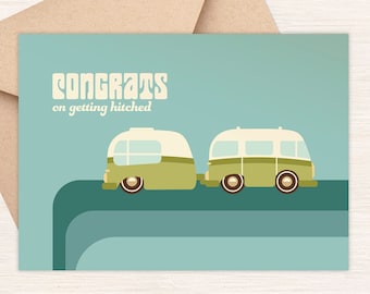 Getting Hitched Card, Retro Inspired Camper Van Wedding Card, Vintage Car Blank Cards, Congratulations Card, Newlywed Card, Hippie Van [GC9]