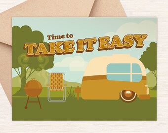 Outdoor Birthday Camping Card, Take it Easy Retro Bday Greeting Card, Picnic Party, Adventure Lover Glamper Blank Card, Get Well Soon [GC51]