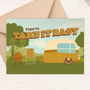 Outdoor Birthday Camping Card, Take it Easy Retro Bday Greeting Card, Picnic Party, Adventure Lover Glamper Blank Card, Get Well Soon GC51 image 1