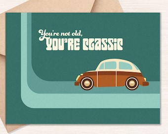 Retro Car Birthday Card, Vintage Aesthetic Blank Greeting Cards, Funny Bday Classic Card for Dad, Beetle Bug Car Nostalgia Art [GC20]