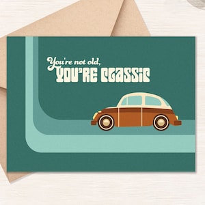 Carte d'anniversaire de voiture rétro, cartes de voeux vierges esthétiques vintage, carte classique drôle d'anniversaire pour papa, art nostalgie de voiture scarabée [GC20]