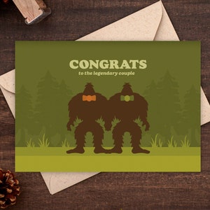 Carte de mariage gay, carte vierge LGBTQ, mariage homosexuel, légende du Bigfoot, carte de voeux M. et M., carte Sasquatch, carte de fiançailles PNW [GC36]