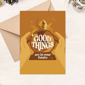 Carte d'anniversaire magique, carte d'anniversaire boule de cristal bonnes choses, carte de manifestation révélatrice de bonne aventure, cadeau sorcière spirituelle, carte porte-bonheur [GC55]
