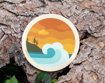 Wave Surfing Sticker, PNW Ocean Vinyl Stickers, Simple Illustration, Pacific Northwest Surfboard Sticker, West Coast Souvenir  [WVC1]