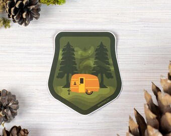 Retro Camper Sticker, PNW Vinyl Sticker, Forest Adventure Water Bottle Sticker, Nature Lover Journal Sticker, Camping Gift CMB1