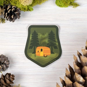 Retro Camper Sticker, PNW Vinyl Sticker, Forest Adventure Water Bottle Sticker, Nature Lover Journal Sticker, Camping Gift CMB1