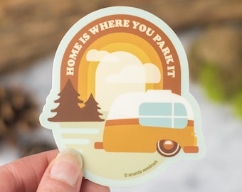 Wanderlust Sticker, Retro Glamper Gift, Nature Lover Laptop Sticker, Outdoorsy Adventure Sticker Shop, Camper Trailer Vinyl Sticker [HPK1]