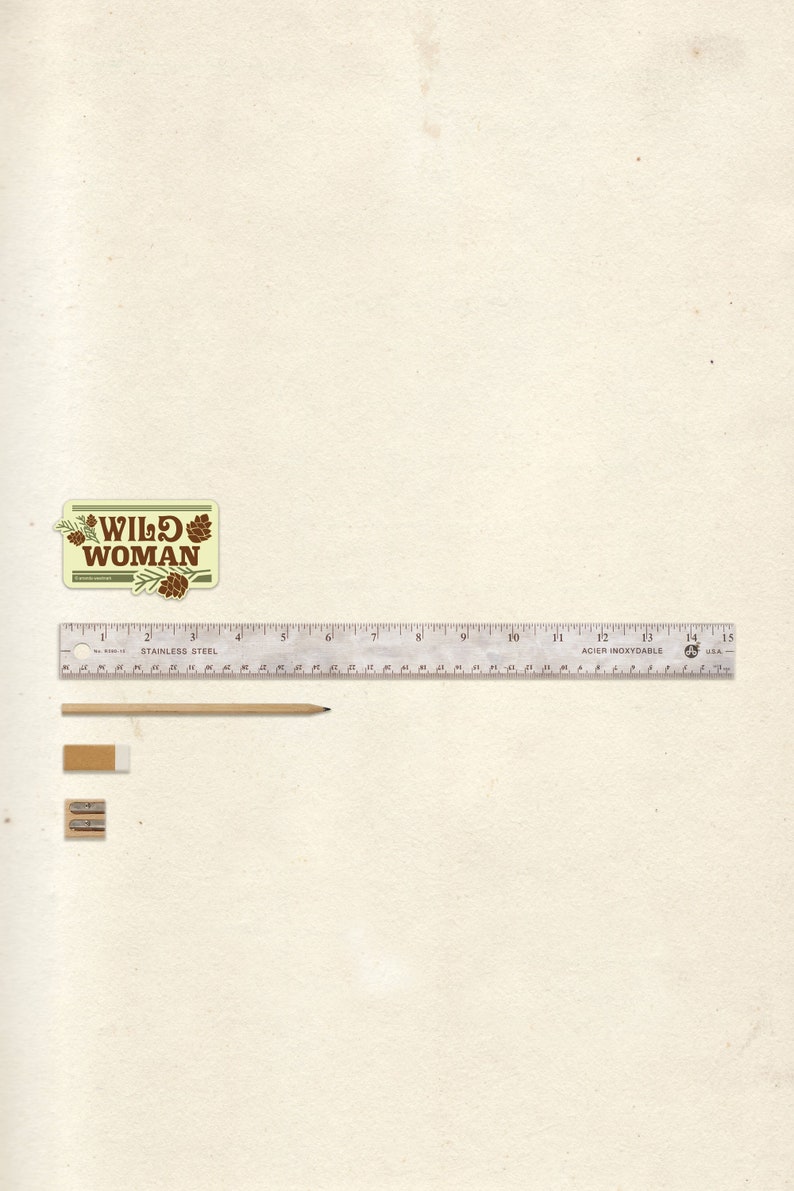 May include: An assortment of stationery items including a pencil, eraser, and pencil sharpener, alongside a 15-inch stainless steel ruler. A sticker with the text "WILD WOMAN" is also present.
