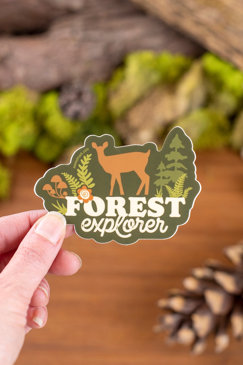 May include: A green sticker with a brown deer, green trees, and ferns. The text "FOREST explorer" is written in white on the sticker.