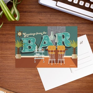 Cartes postales Happy Hour, Cartes postales de bar, Cartes postales rétro modernes du milieu du siècle, Carte postale cocktail amusant, Papeterie Covid [PC15]