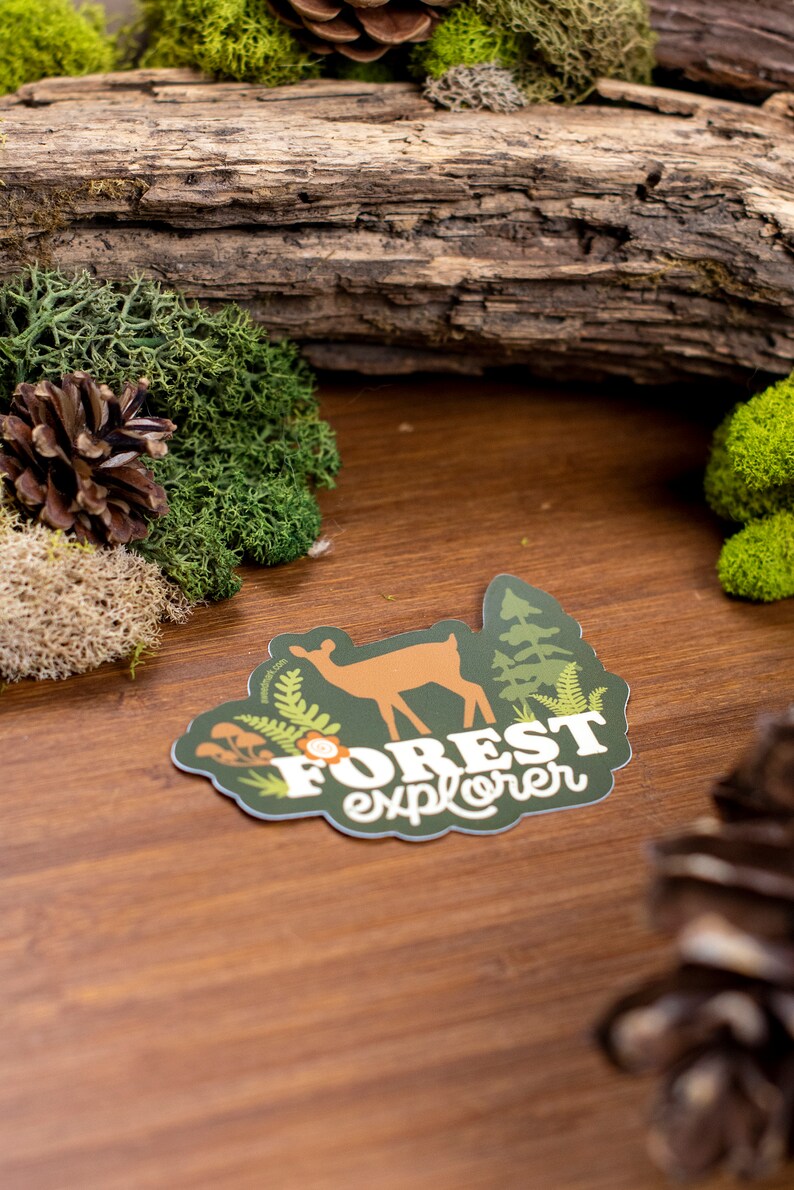 May include: A green and brown sticker with a deer silhouette, forest foliage, and the text "FOREST explorer".
