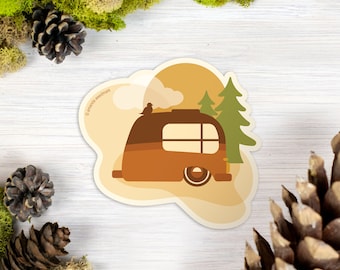 Happy Glamping Waterbottle Sticker, Camper Trailer Retro Camp Sticker, Camping Gift, Adventure Sticker, Outdoor Lover Vinyl Sticker [GLC1]